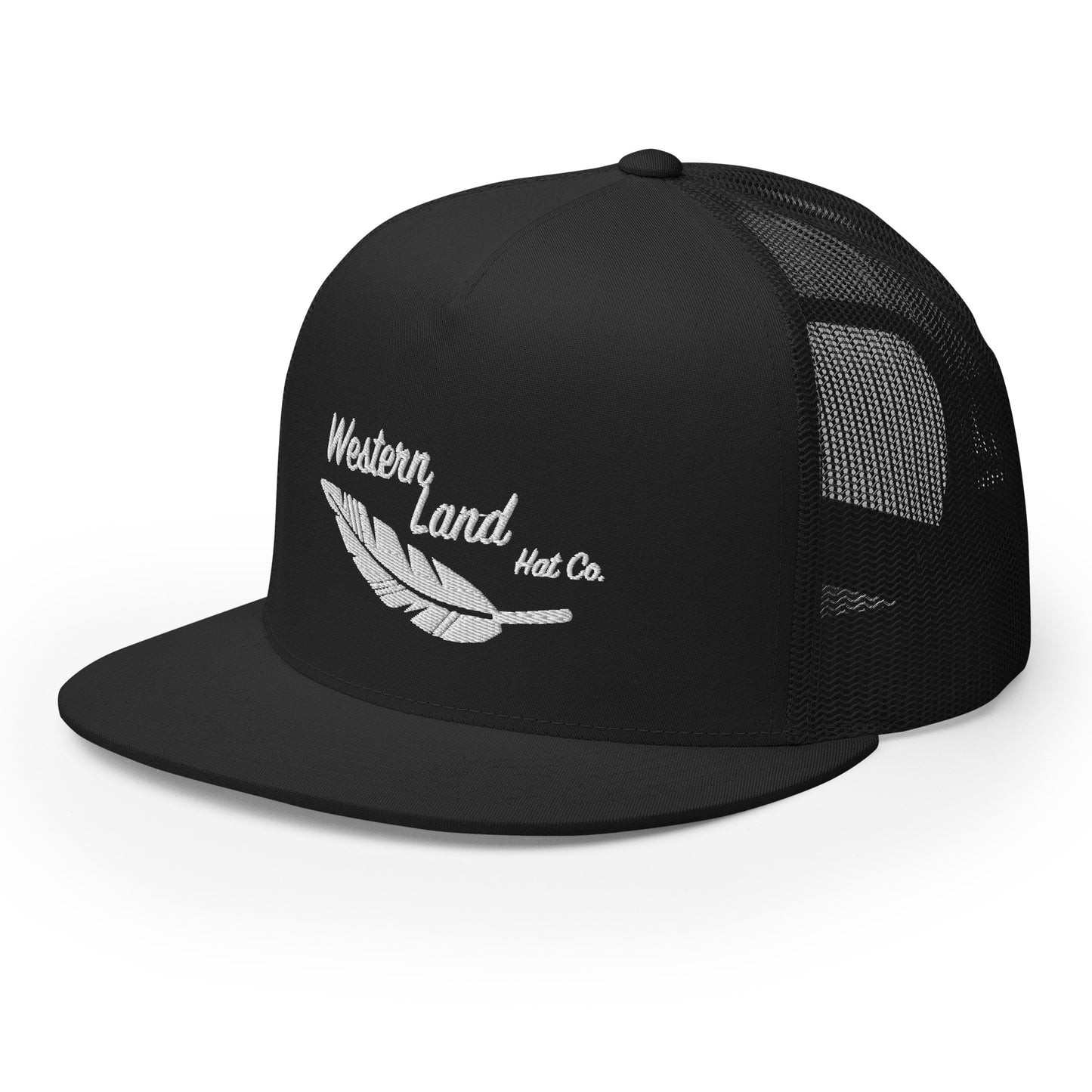 Western Land, Feather, 5 Panel Trucker Hat, White Stitching