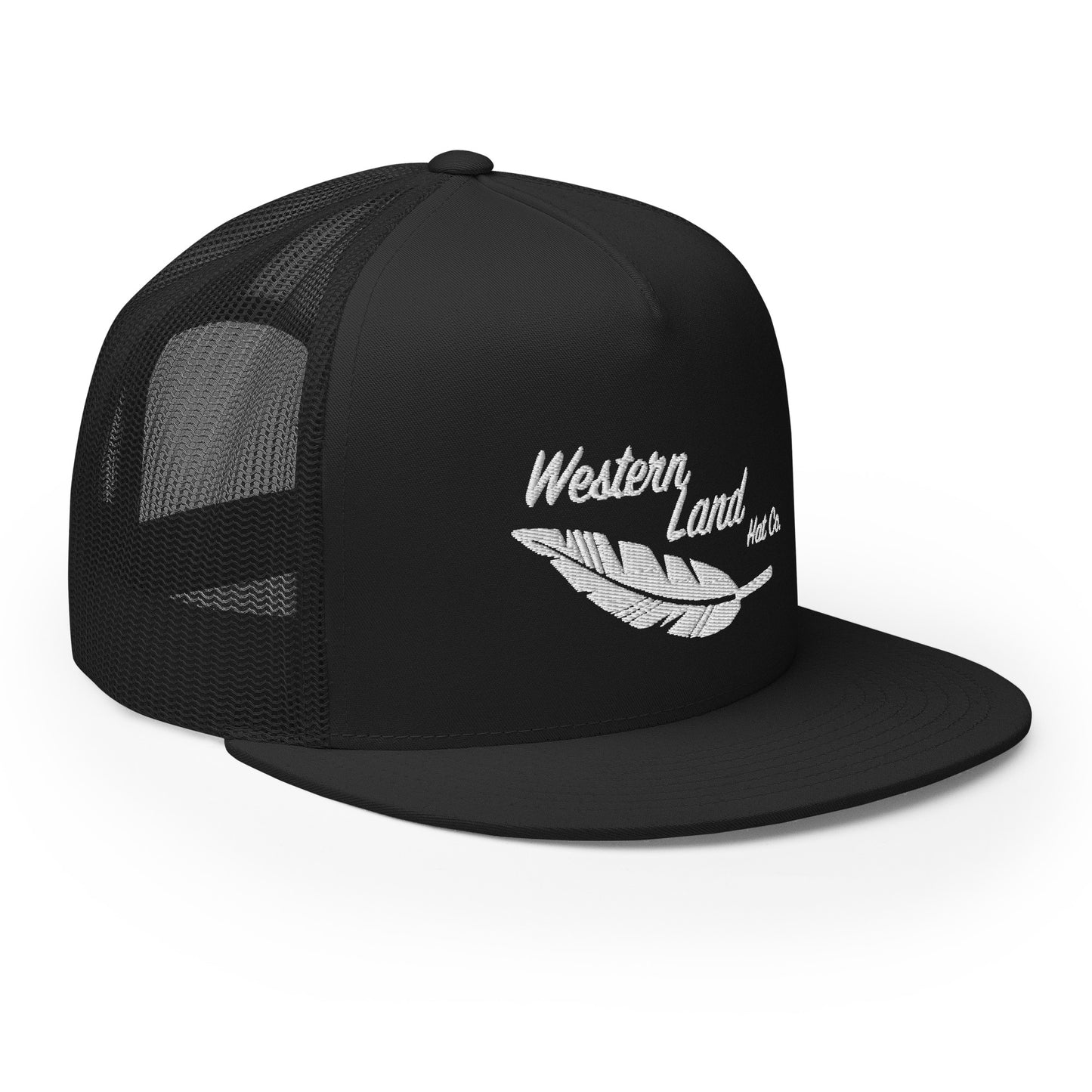 Western Land, Feather, 5 Panel Trucker Hat, White Stitching
