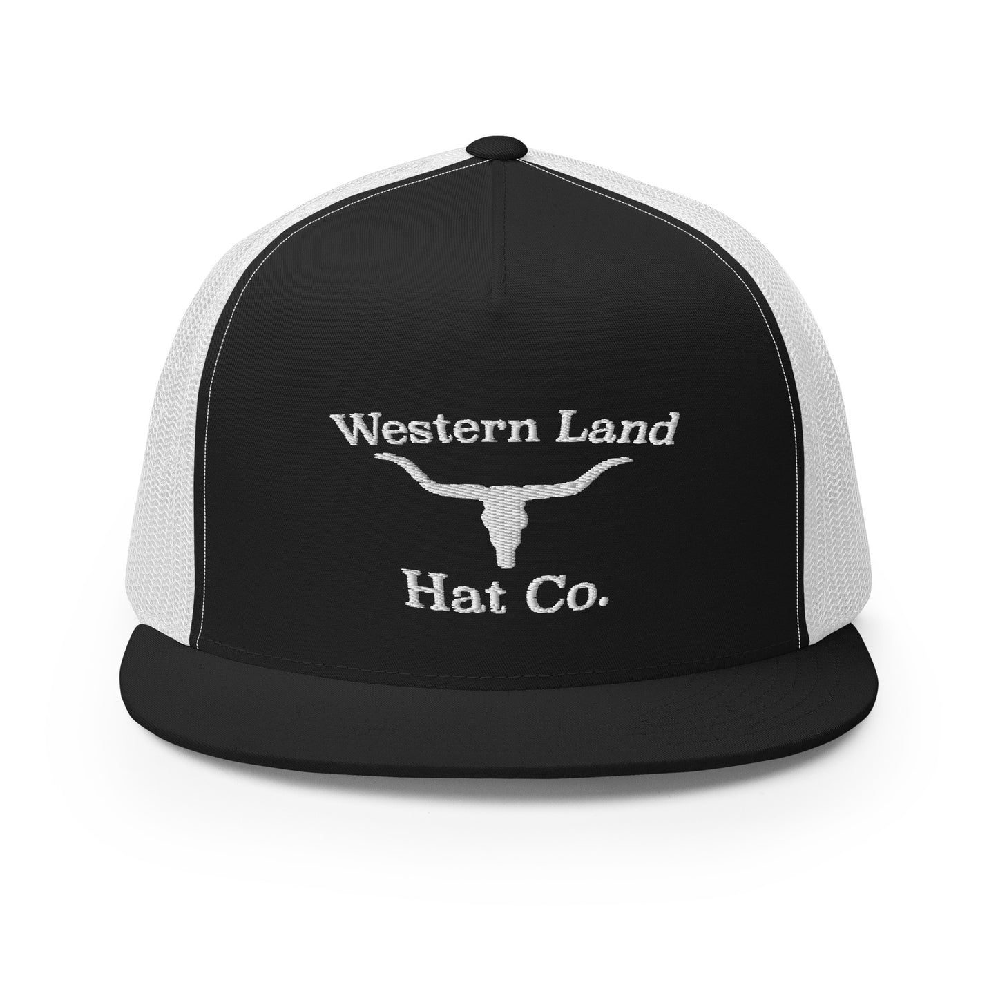 Western Land Hat Bull 5 Panel Trucker Hat, White Stitching