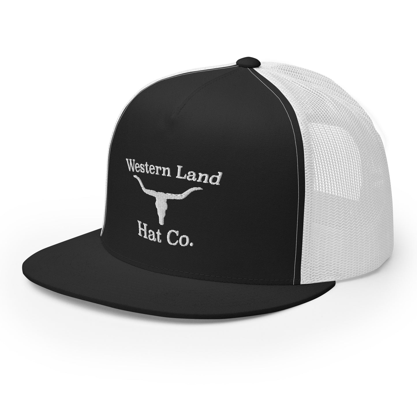 Western Land Hat Bull 5 Panel Trucker Hat, White Stitching
