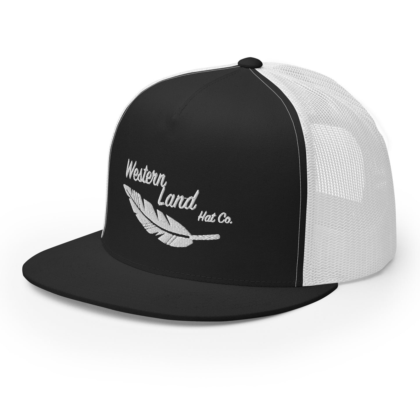 Western Land, Feather, 5 Panel Trucker Hat, White Stitching