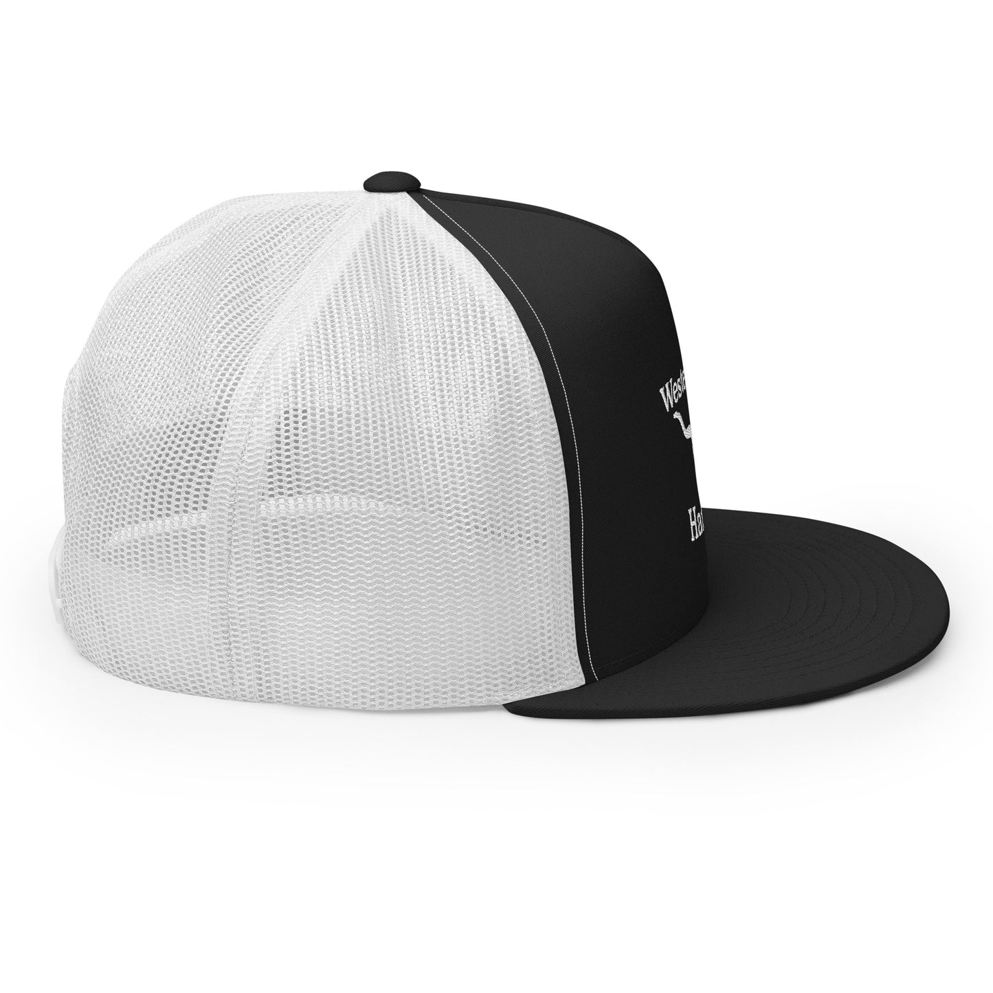 Western Land Hat Bull 5 Panel Trucker Hat, White Stitching