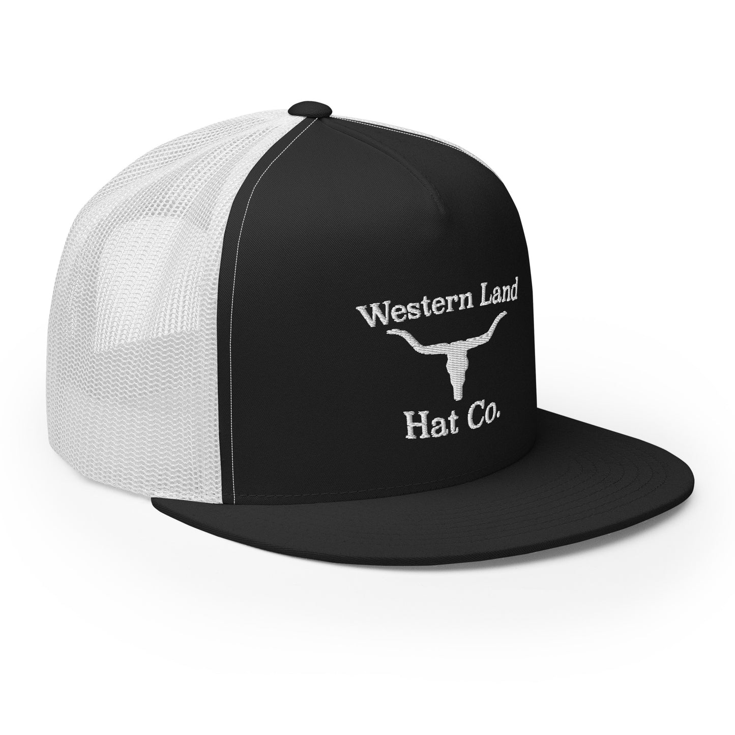 Western Land Hat Bull 5 Panel Trucker Hat, White Stitching