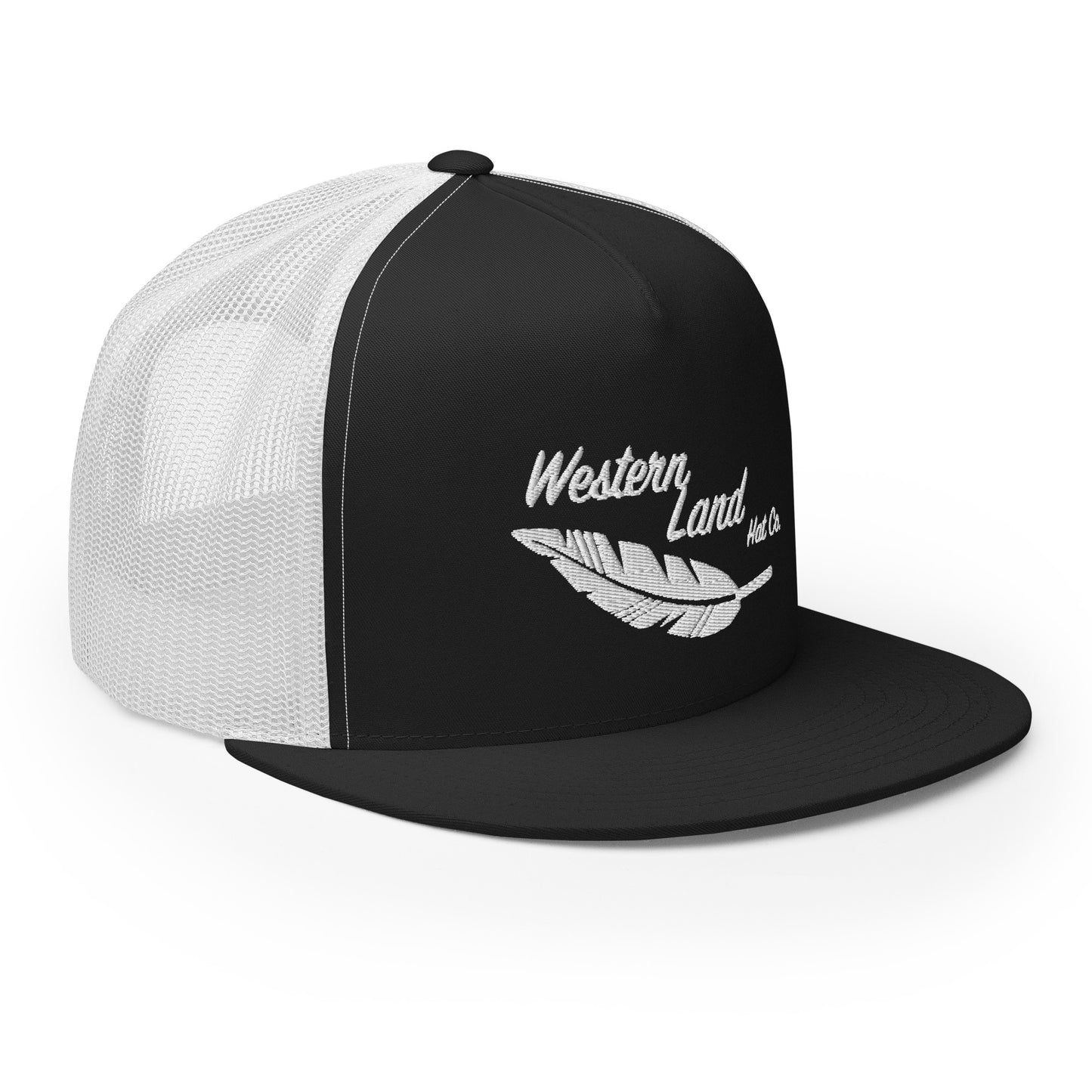 Western Land, Feather, 5 Panel Trucker Hat, White Stitching