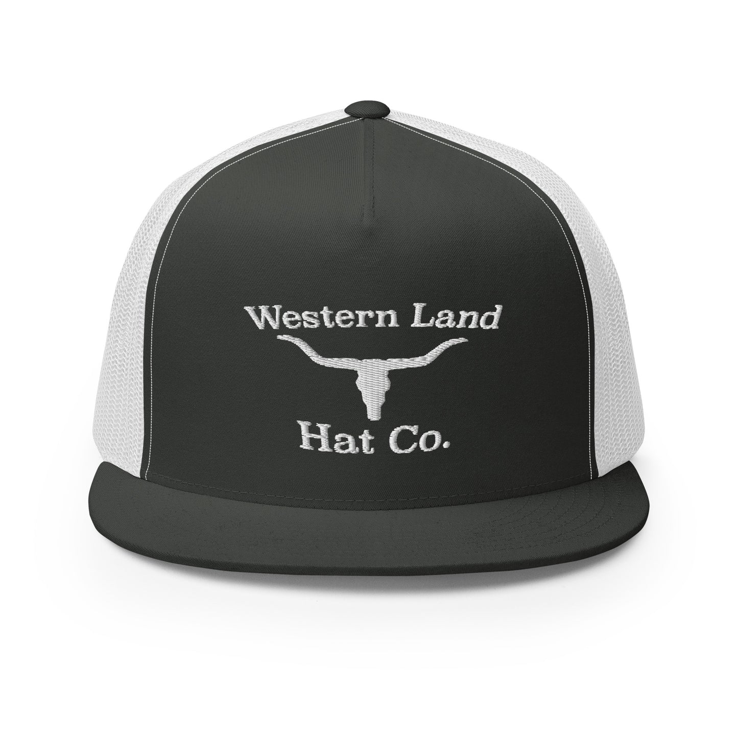 Western Land Hat Bull 5 Panel Trucker Hat, White Stitching