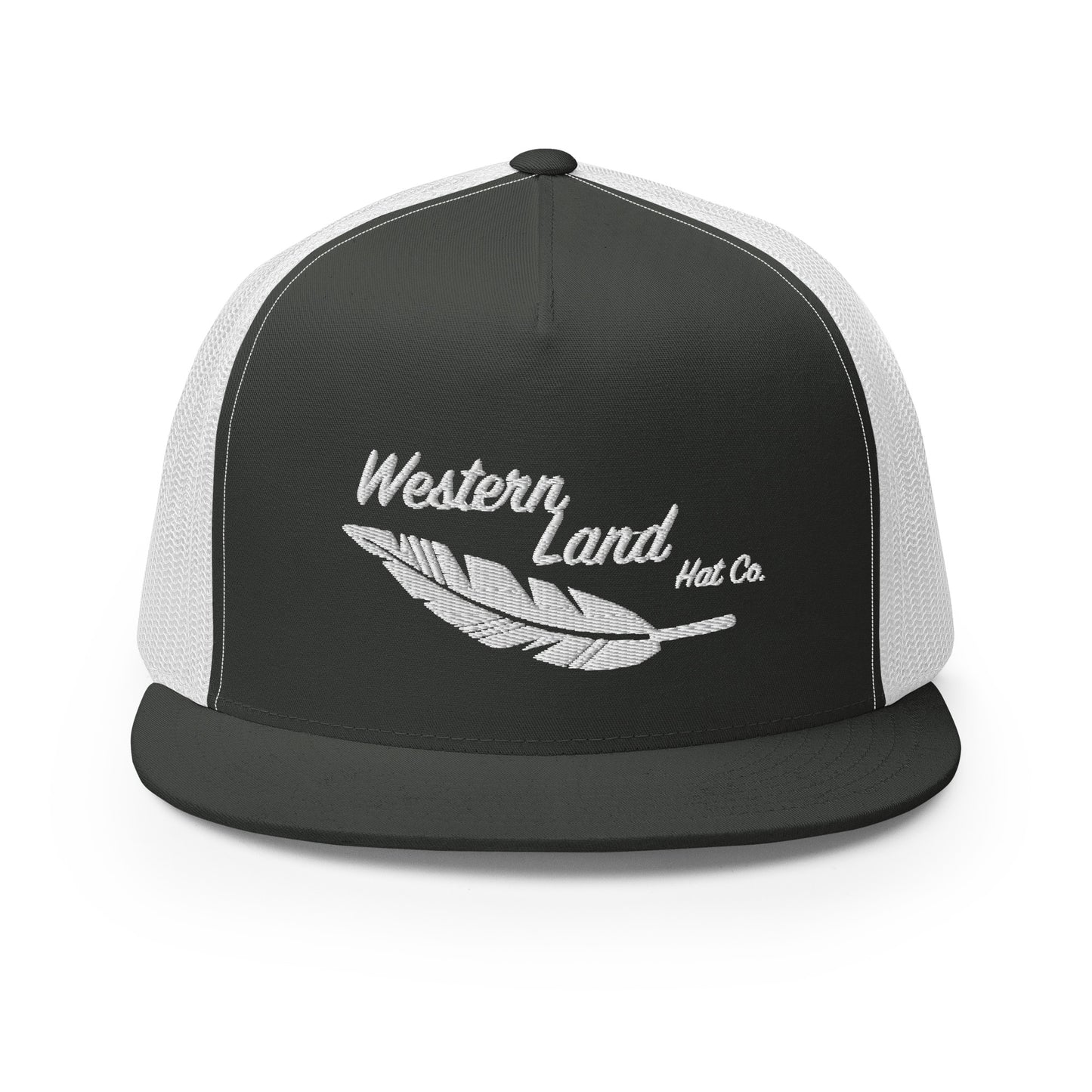Western Land, Feather, 5 Panel Trucker Hat, White Stitching