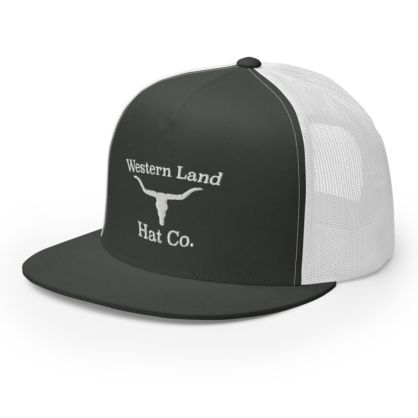 Western Land Hat Bull 5 Panel Trucker Hat, White Stitching