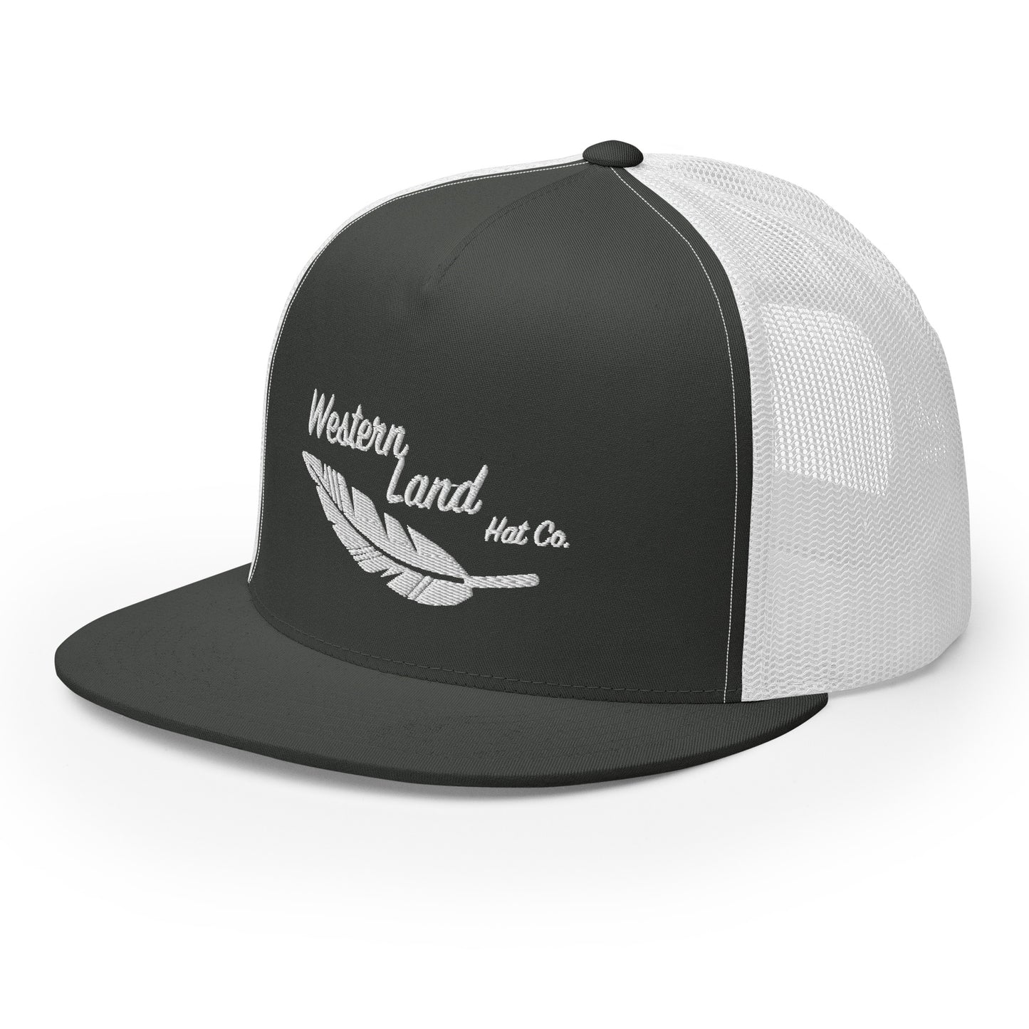 Western Land, Feather, 5 Panel Trucker Hat, White Stitching