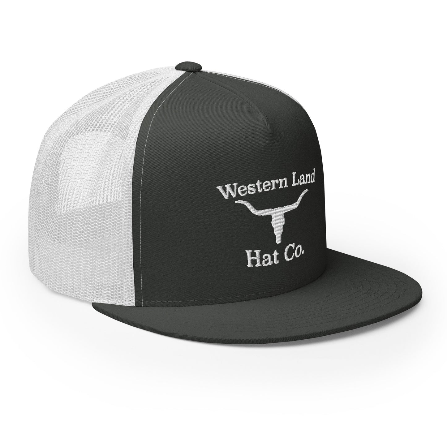 Western Land Hat Bull 5 Panel Trucker Hat, White Stitching