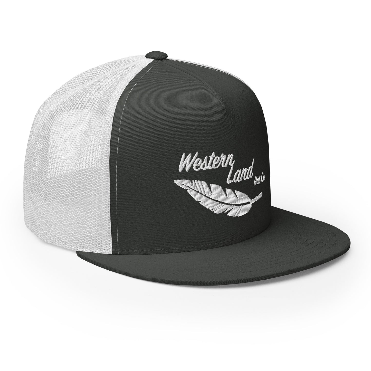 Western Land, Feather, 5 Panel Trucker Hat, White Stitching
