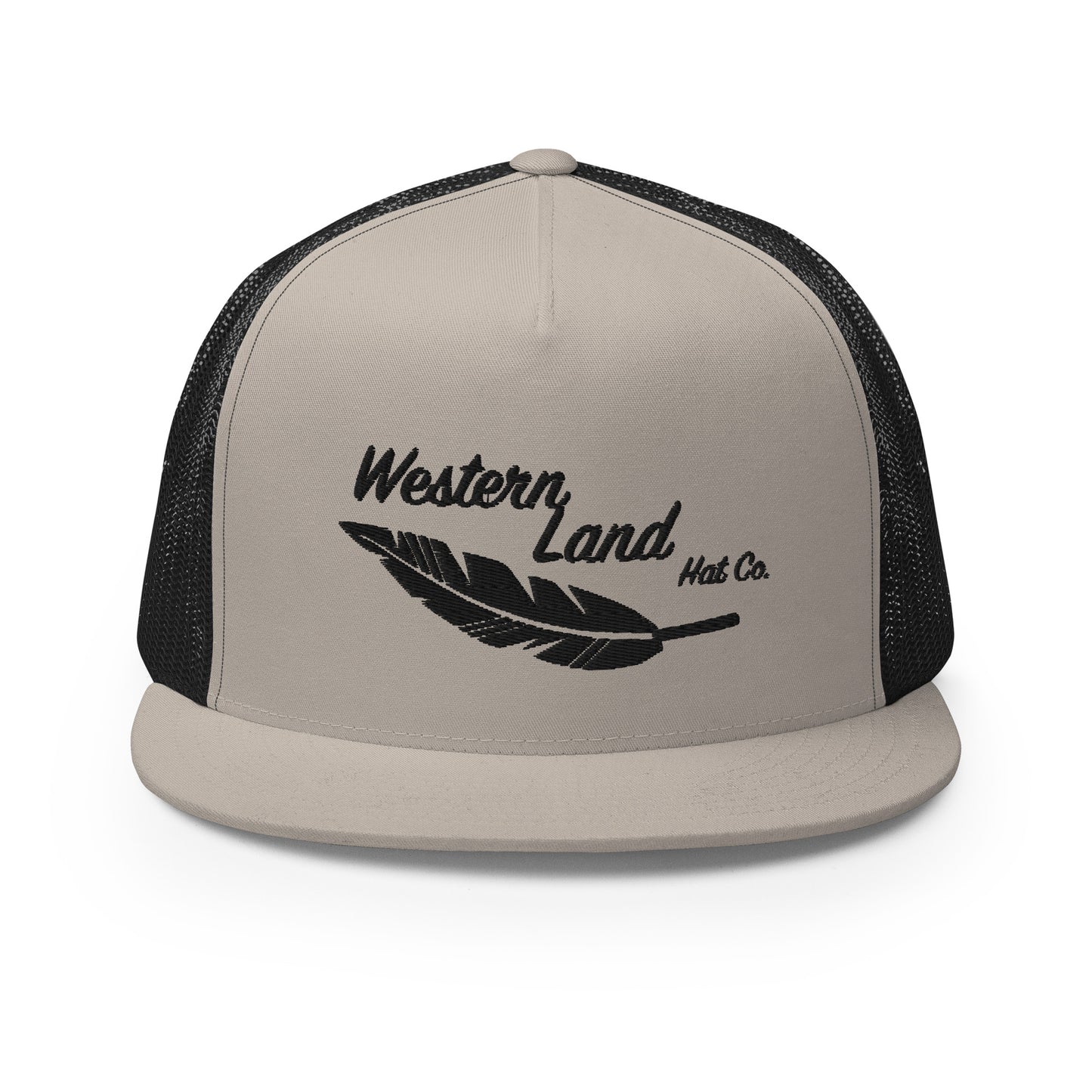 Western Land Hat, Feather 5 Panel Trucker Hat Black Stitching