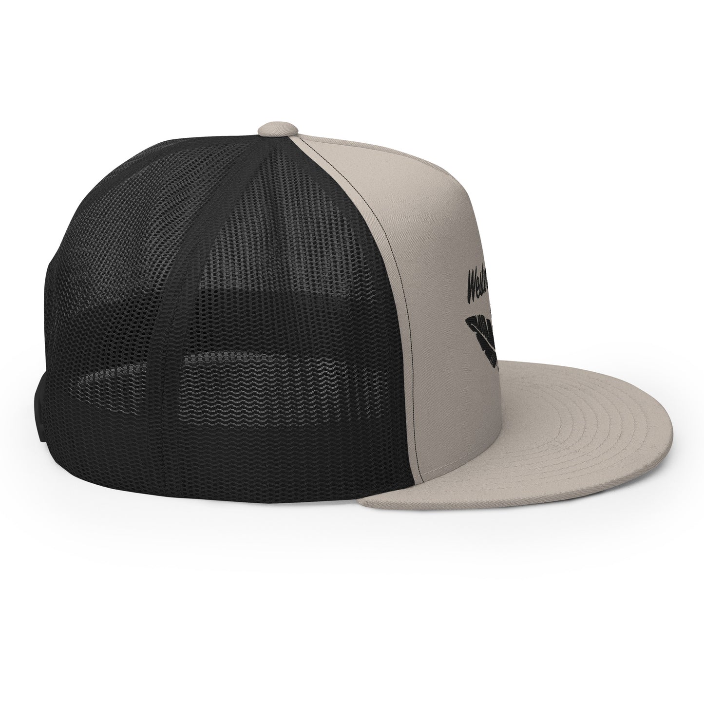 Western Land Hat, Feather 5 Panel Trucker Hat Black Stitching