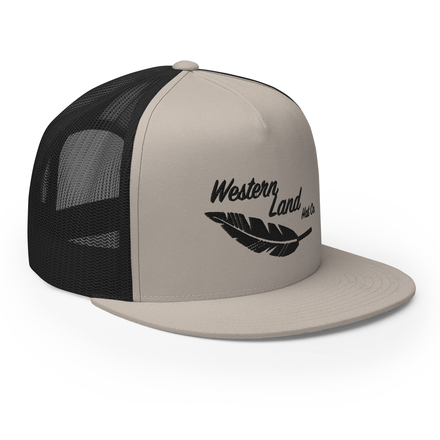 Western Land Hat, Feather 5 Panel Trucker Hat Black Stitching