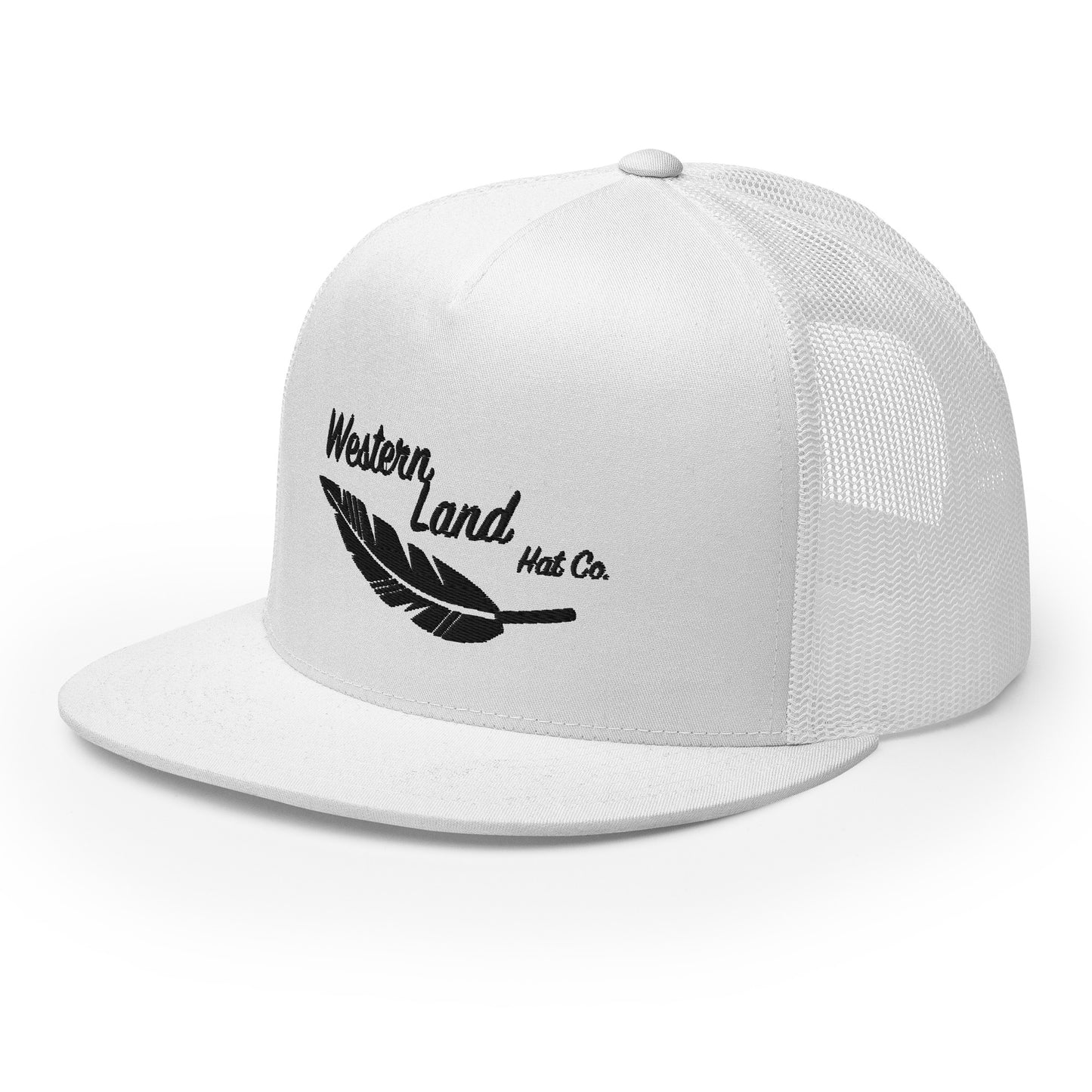 Western Land Hat, Feather 5 Panel Trucker Hat Black Stitching