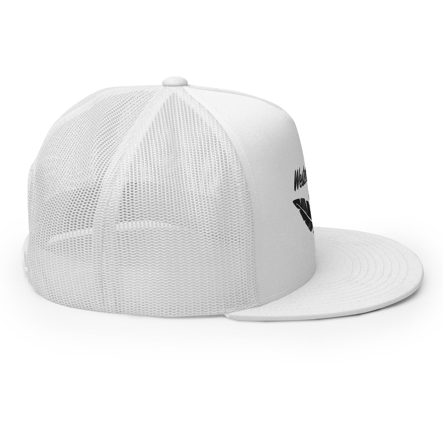 Western Land Hat, Feather 5 Panel Trucker Hat Black Stitching