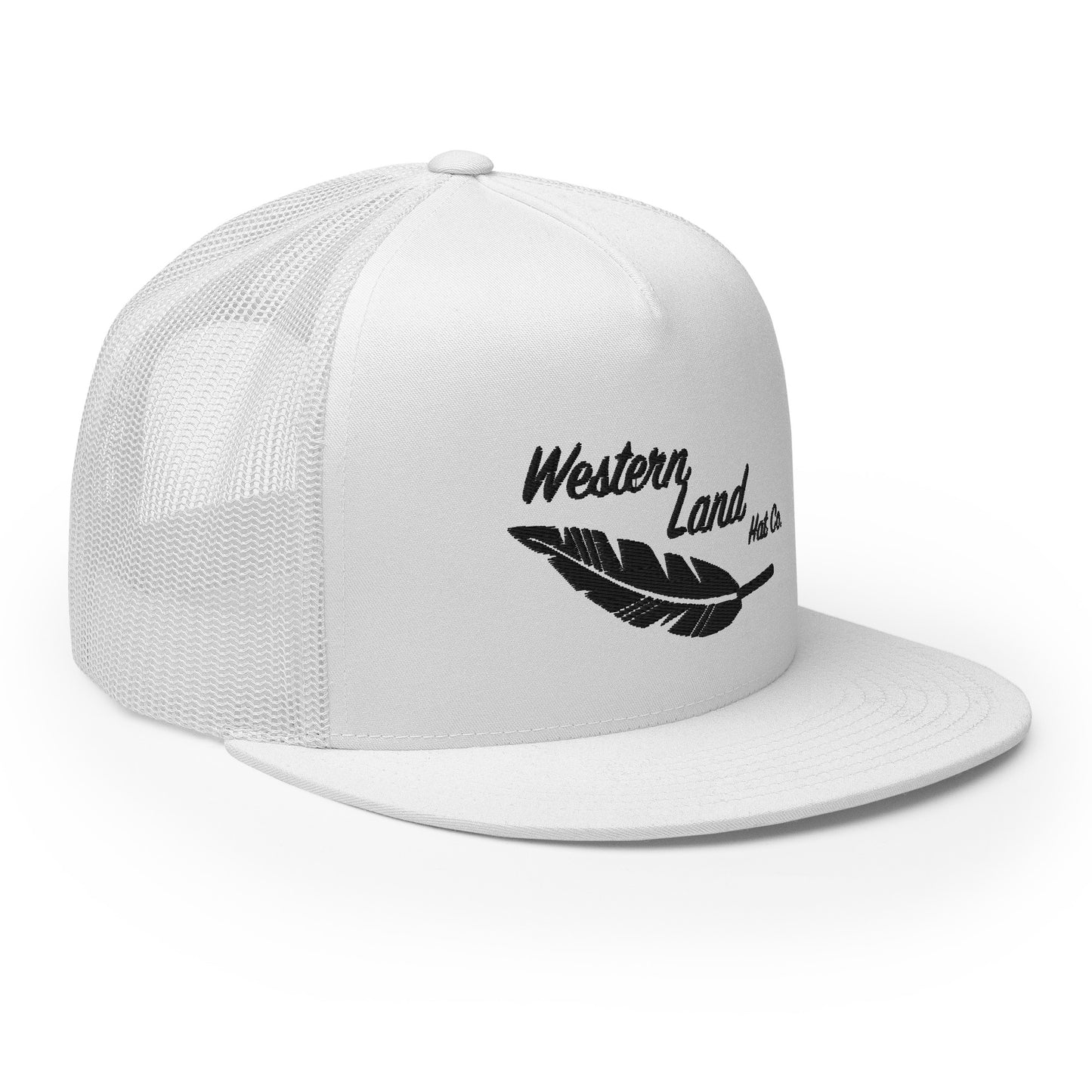 Western Land Hat, Feather 5 Panel Trucker Hat Black Stitching