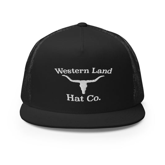 Western Land Hat Bull 5 Panel Trucker Hat, White Stitching