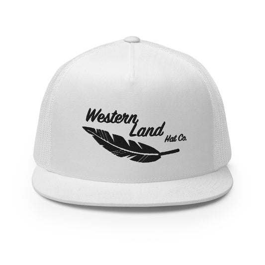 Western Land Hat, Feather 5 Panel Trucker Hat Black Stitching